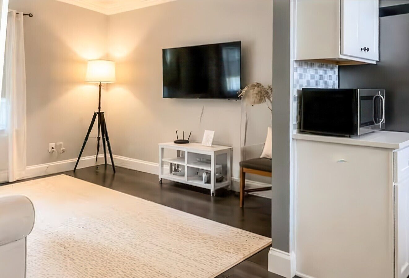 A modern living room with a flat-screen TV, a standing lamp, a white cabinet with a microwave, and a small side table with decorative plants.