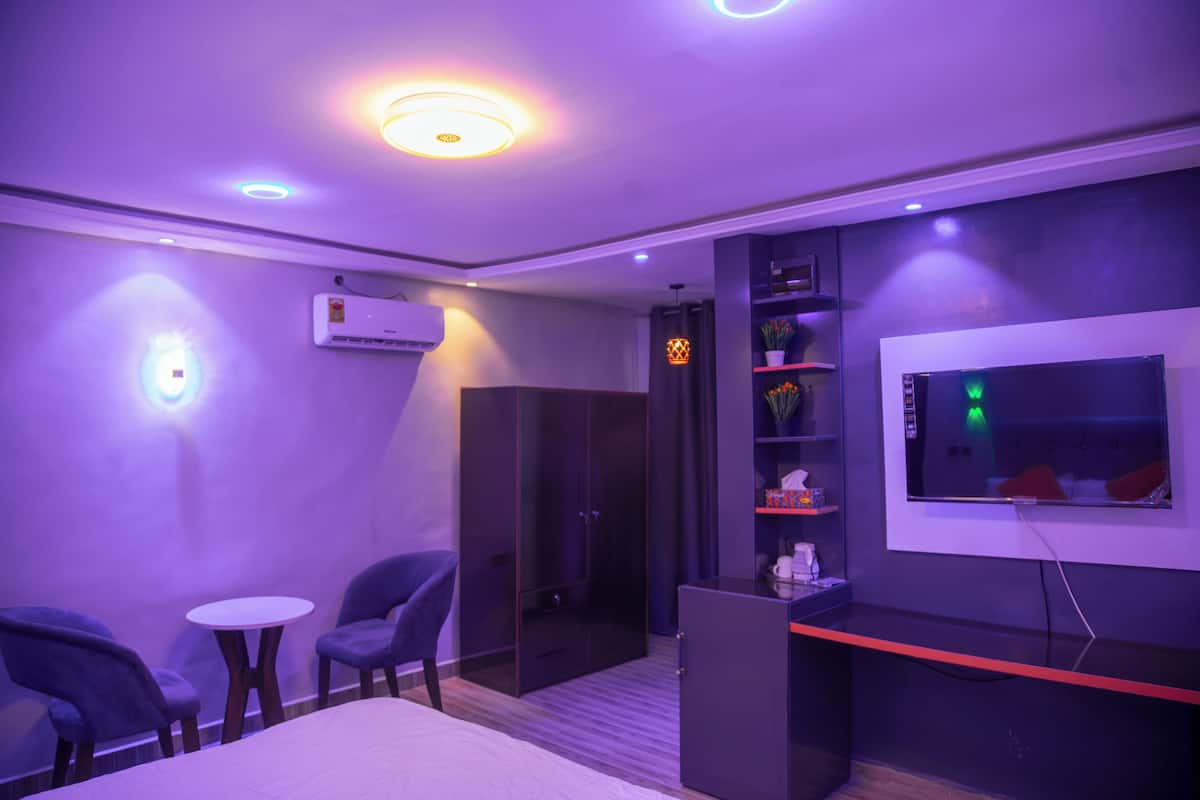 Une pièce comprenant un lit, deux chaises, une petite table, une armoire, un téléviseur et une étagère avec des objets décoratifs.