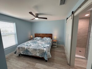 A bedroom with a bed, a ceiling fan, two bedside lamps, and a window with blinds.
