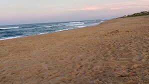 A beach with a gentle slope leading to the sea, a clear sky, and a few buildings in the distance. - Beach Wolf: ALL NEW, impeccable house in Southern Shores, 5 minute walk to beach (Kitty Hawk)