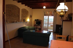 Ein gemütliches Wohnzimmer mit Kamin, Fernseher und Bücherregal.