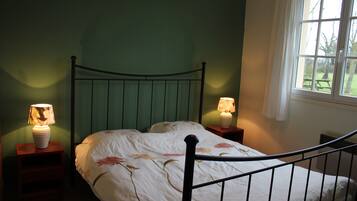 A single bed with a metal frame, two bedside tables with lamps, and a window with a view of the outdoors.