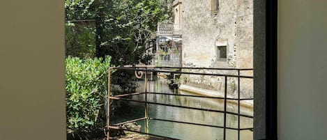 A view through a window of a building with a water channel, greenery, and a stone wall.