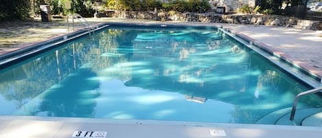 A rectangular swimming pool with a 3 ft depth marker, surrounded by a stone wall and greenery.