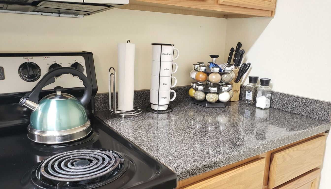 Een keuken met een fornuis, waterkoker, keukenrolhouder, kruidenrek en keukengerei.