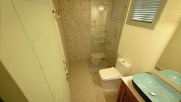 Un baño pequeño con ducha, inodoro y lavamanos.