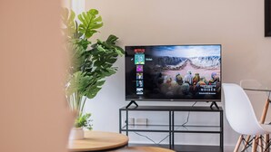 Ein Fernseher auf einem Schrank mit Netflix-Anzeige, eine Zimmerpflanze und ein weißer Stuhl.