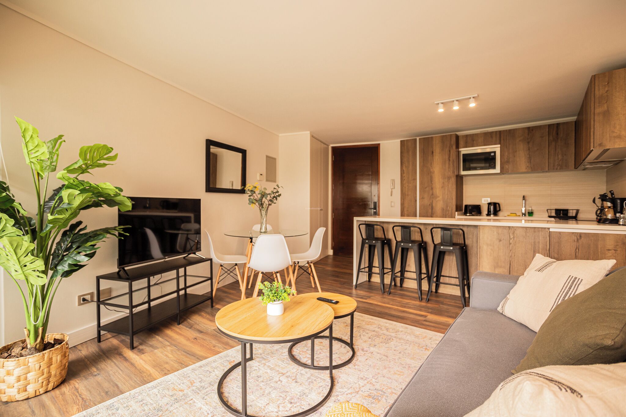 A modern living room with a sofa, a coffee table, and a dining area with chairs.