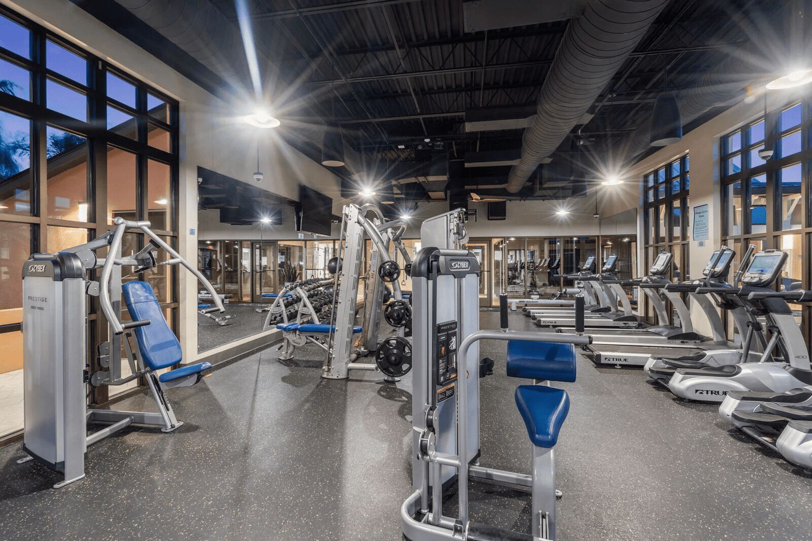 A gym with various exercise equipment, large windows, and a high ceiling.