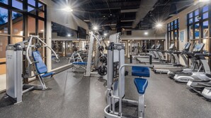 Et fitnessrum med forskellig træningsudstyr, store vinduer og højt til loftet.