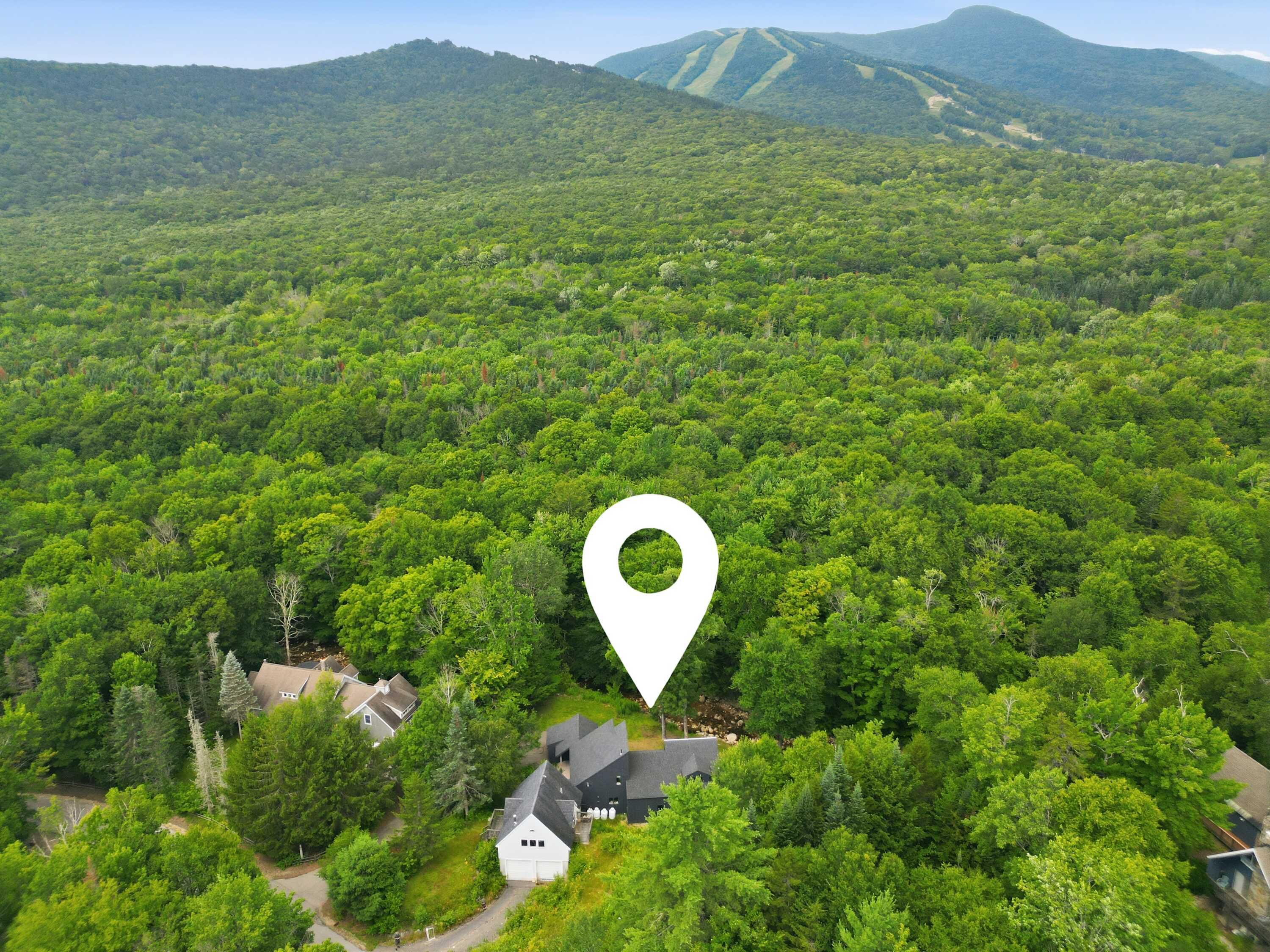 A forested area with a white marker indicating a location.