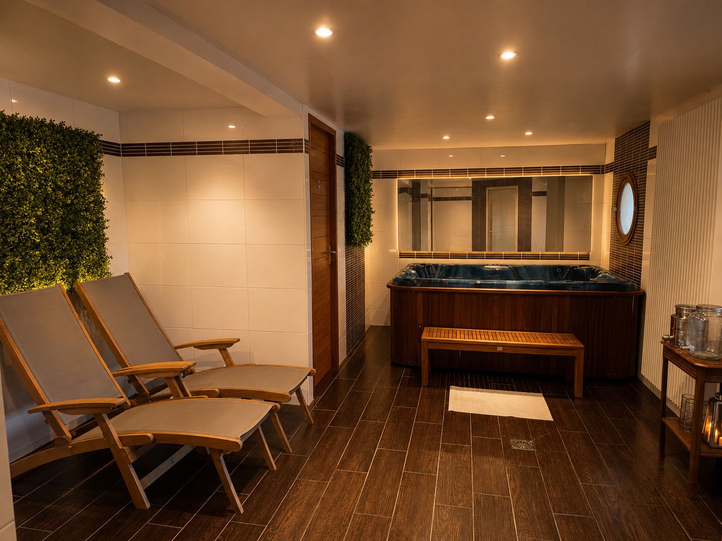 Een wellnessruimte met een jacuzzi, houten lounge fauteuils en een klein tafeltje.