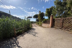 A gravel path leading to a gated entrance with a wooden fence and a brick wall. - Callistemo Apartment (Rio)