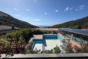 Ein Poolbereich mit Meerblick, umgeben von Grünpflanzen und einem Gebäude mit Solaranlage.