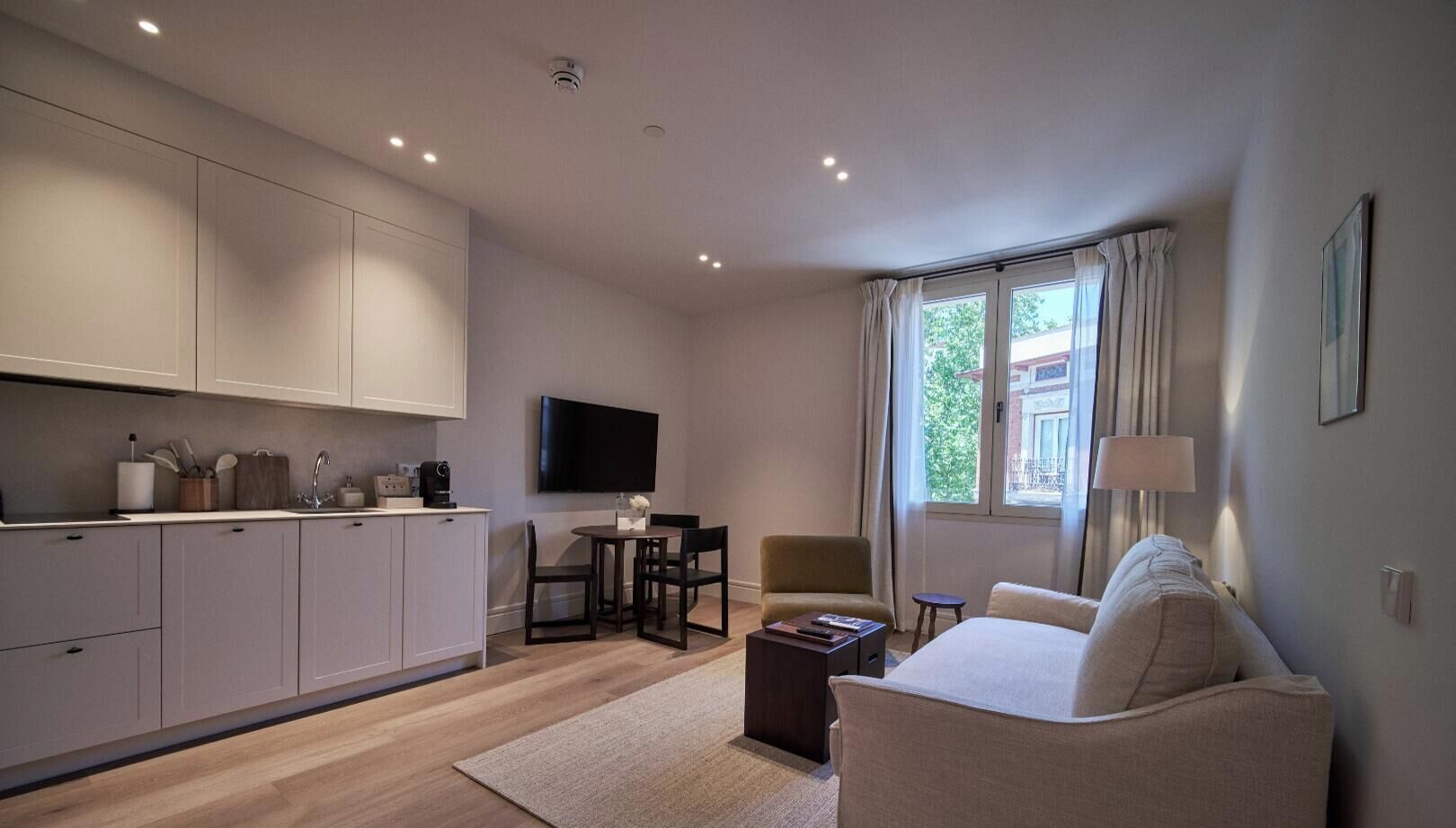 A modern living space with a kitchen, dining area, and seating area.