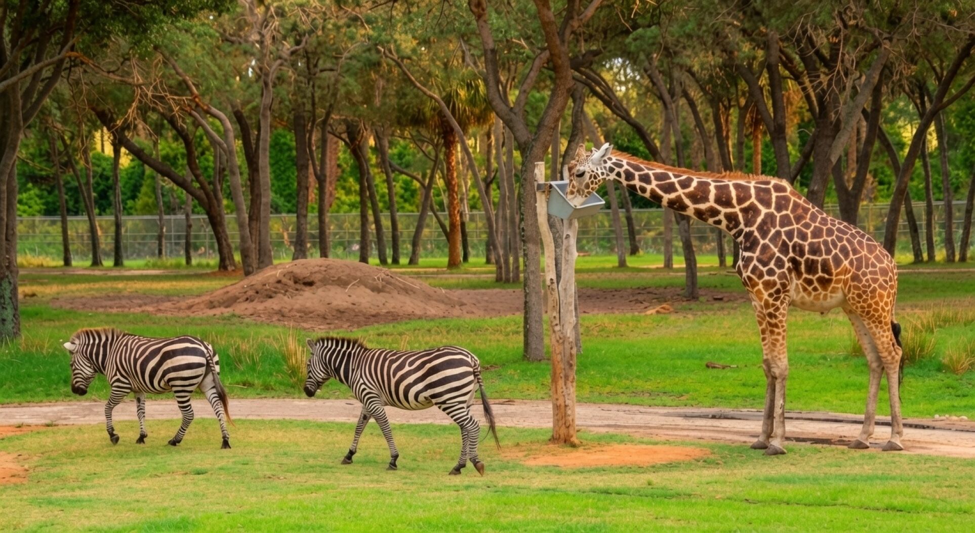 Een giraffe en twee zebra's in een grasveld met bomen en een hek op de achtergrond.