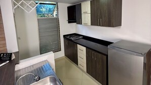 Uma cozinha compacta com pia de aço inoxidável, fogão a gás e armários de madeira escura.