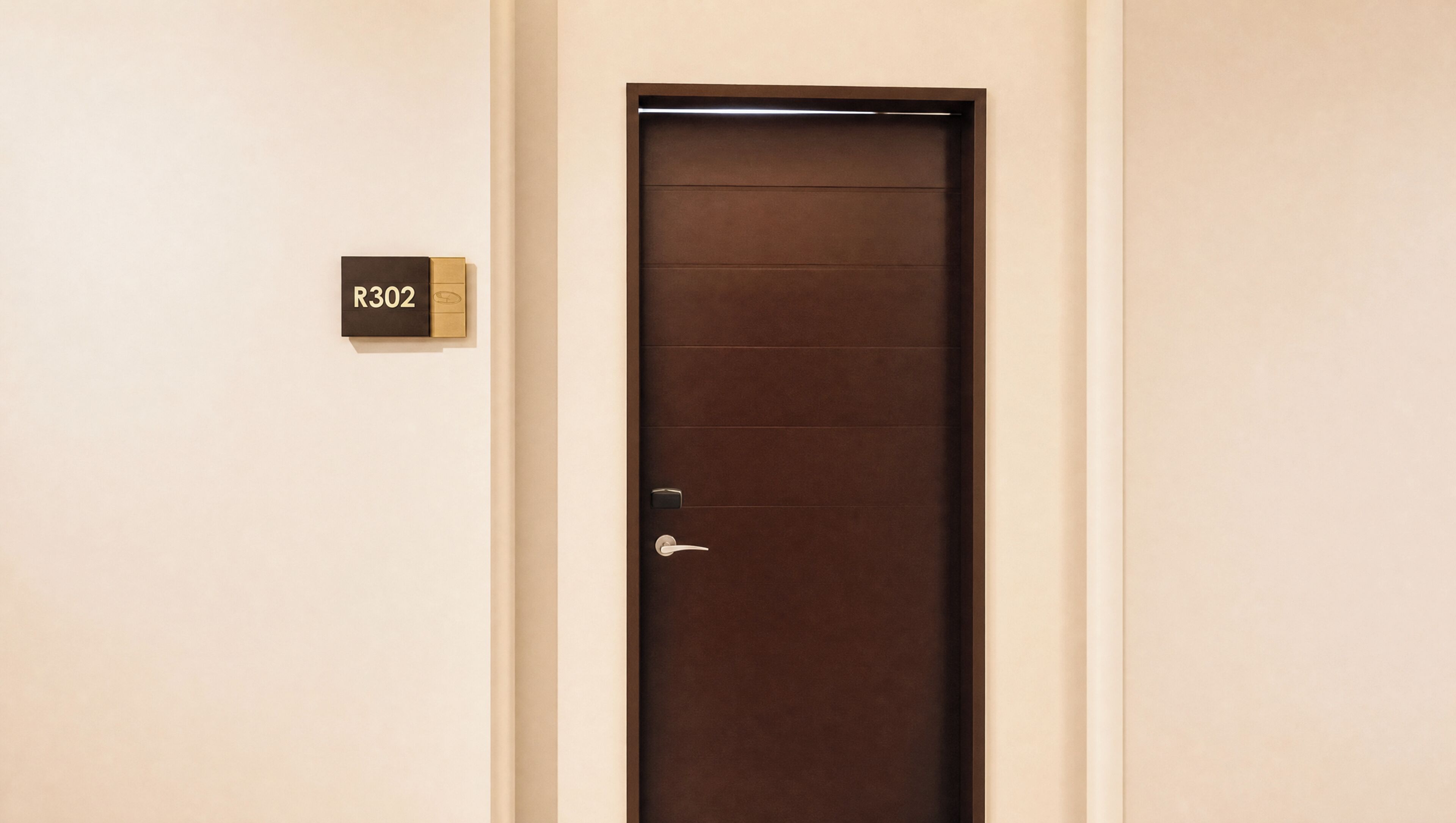 A closed door with a keyhole and a door handle. A room number sign 'R302' is visible to the left.