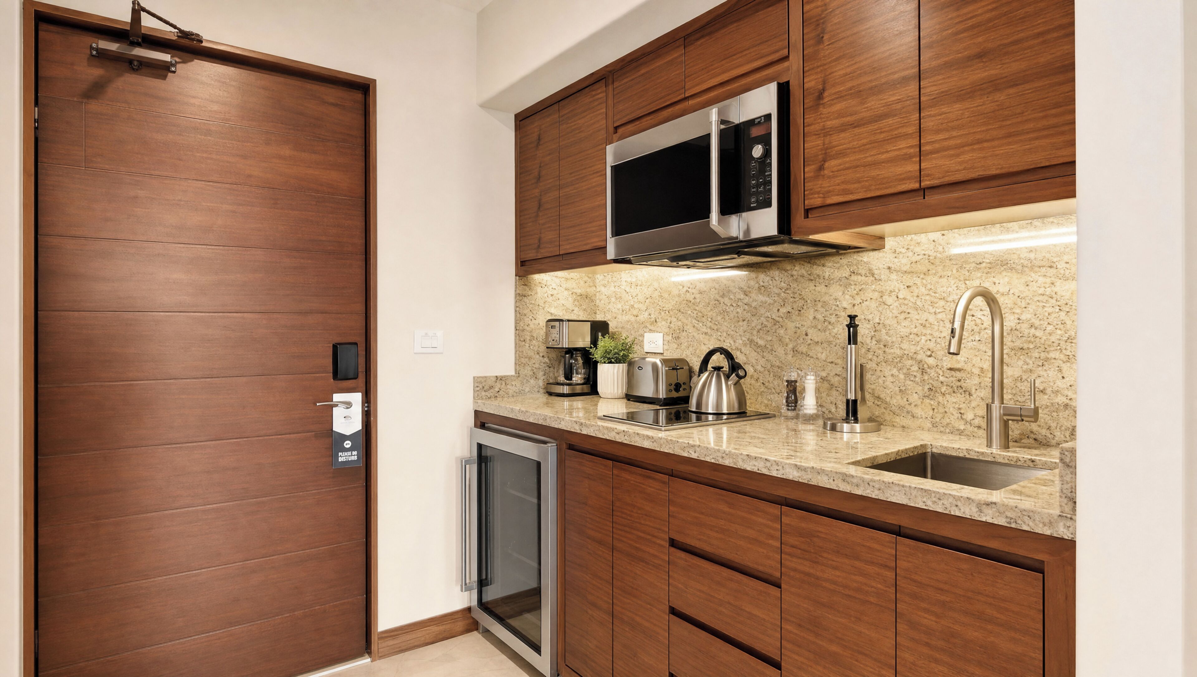 Una cocina moderna con armarios de madera, un microondas de acero inoxidable, una cafetera, un tostador y un lavabo con grifo.