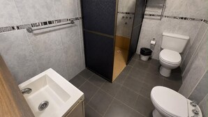 A bathroom with a white sink, a toilet, and a shower area. - Borus Hotel (Puerto Iguazú)