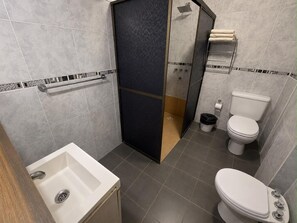 A bathroom with a white sink, a toilet, and a shower area.