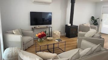 Televisión, chimenea y libros