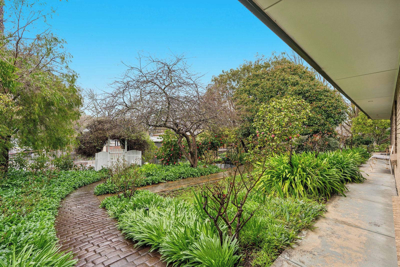 A garden pathway leading to a building with a covered area.