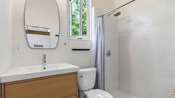Shower, towels, toilet paper