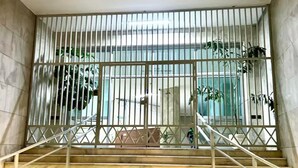 Eine Treppe mit Metallgeländern, die zu einer Glastür führt.