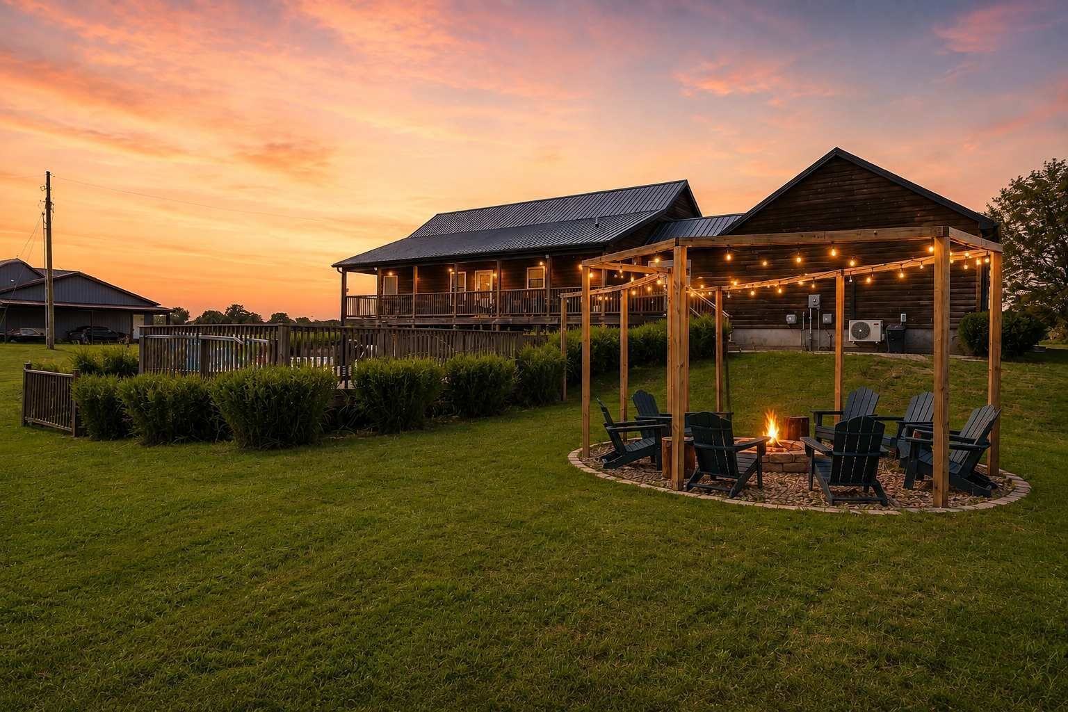 A wooden gazebo with string lights, outdoor seating, and a fire pit in a grassy backyard.