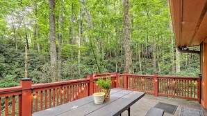 A wooden deck with a table and benches, surrounded by a red railing, overlooking a dense forest. - Little Creek Cabin — Sky Valley (Dillard)