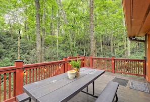 Um deck de madeira com mesa e bancos, cercado por um corrimão vermelho, com vista para uma floresta densa.