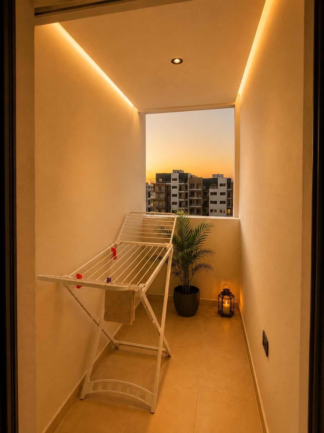 A narrow hallway with a drying rack, a potted plant, and a lantern.