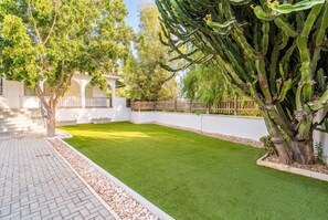 A well-maintained garden with a paved walkway, a lawn, and a large cactus plant. - Cubo's Afrodita House / urban / terrace / air conditioning / free wifi (Alhaurín el Grande)