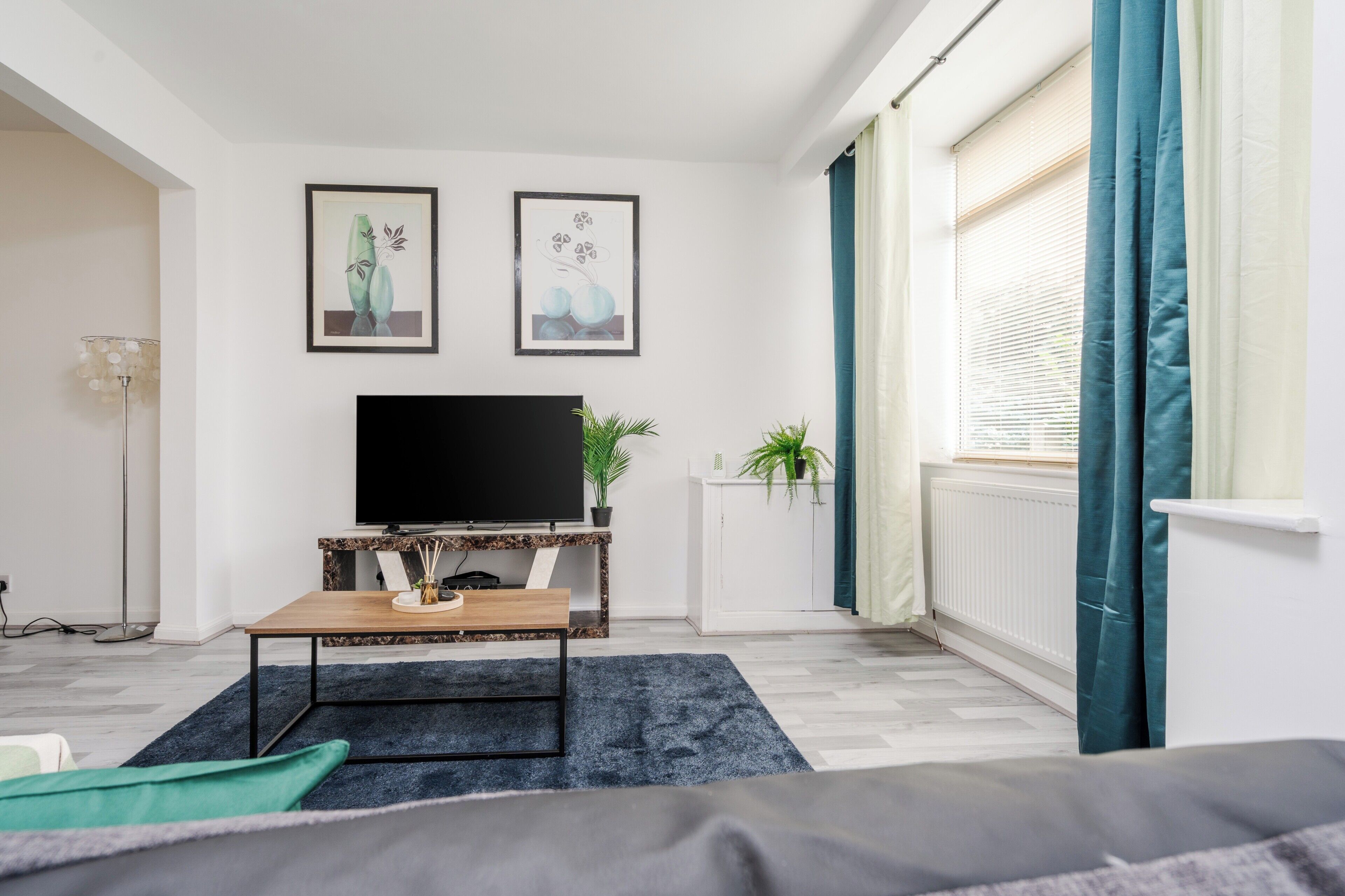 Un salon moderne avec un téléviseur à écran plat, deux œuvres d’art encadrées, une table basse et une plante en pot.
