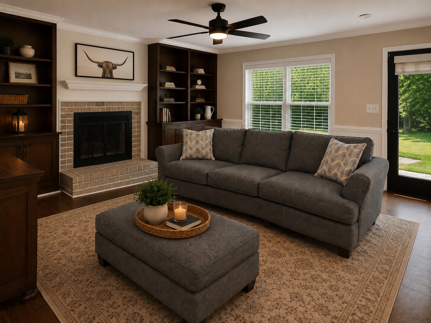 A living room with a fireplace, a sofa, an ottoman, and a ceiling fan.