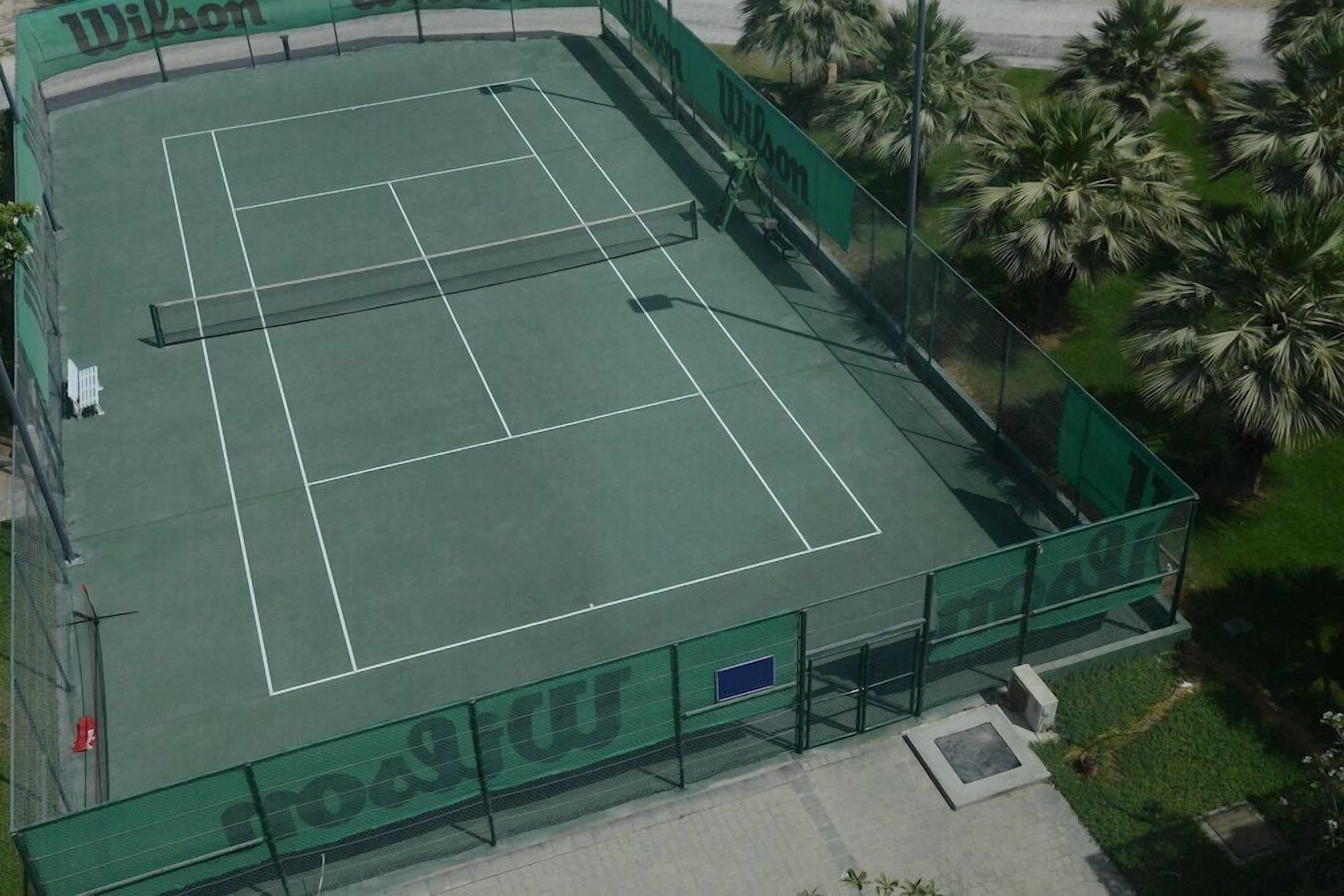 Un court de tennis avec un filet, entouré d’une clôture verte, et des palmiers en arrière-plan.