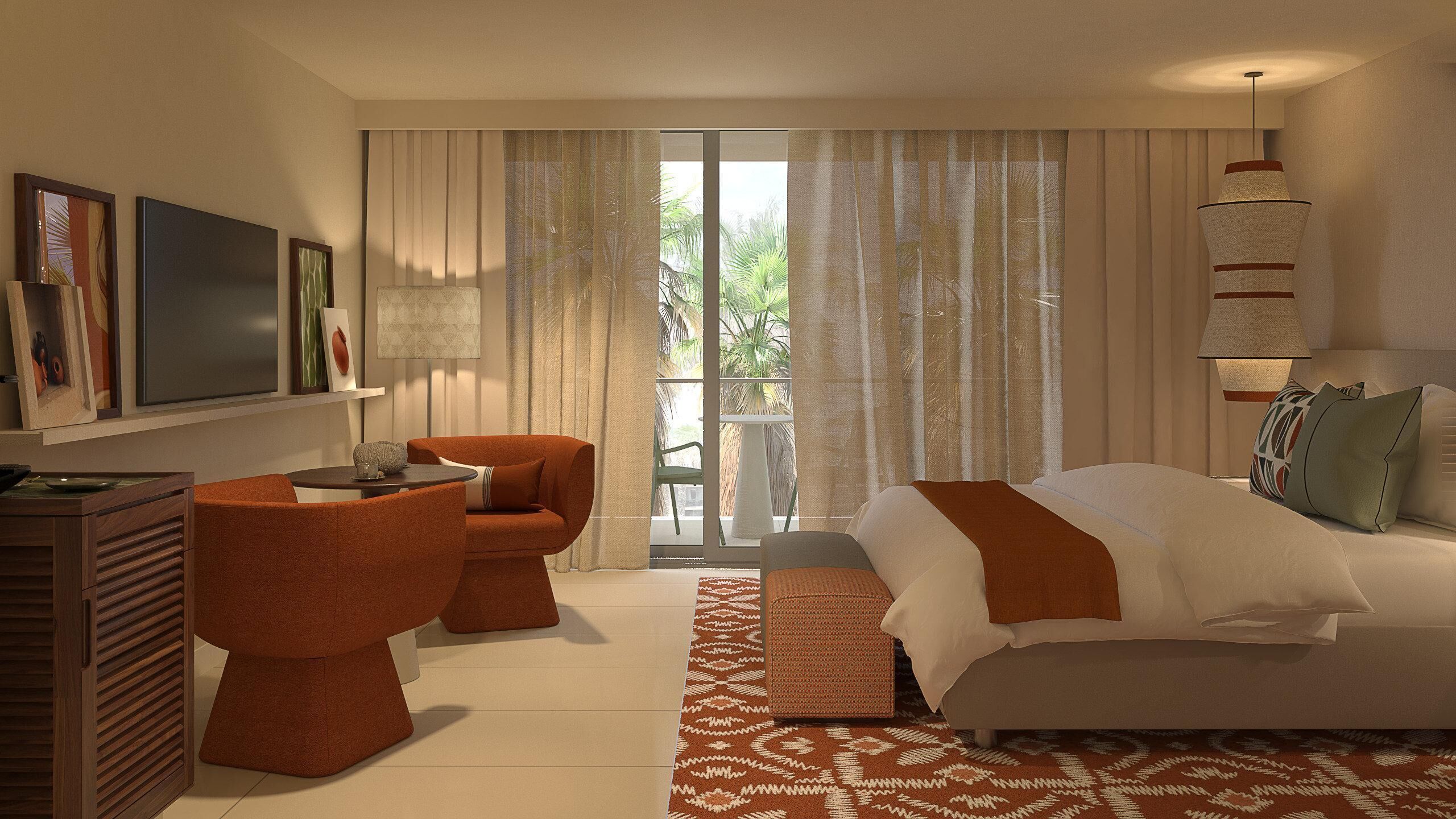 Een hotelkamer met een bed, twee fauteuils, een bureau, een televisie en een balkon met gordijnen.