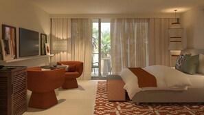 Habitación de hotel con cama, dos sillones, escritorio, televisión y balcón con cortinas.