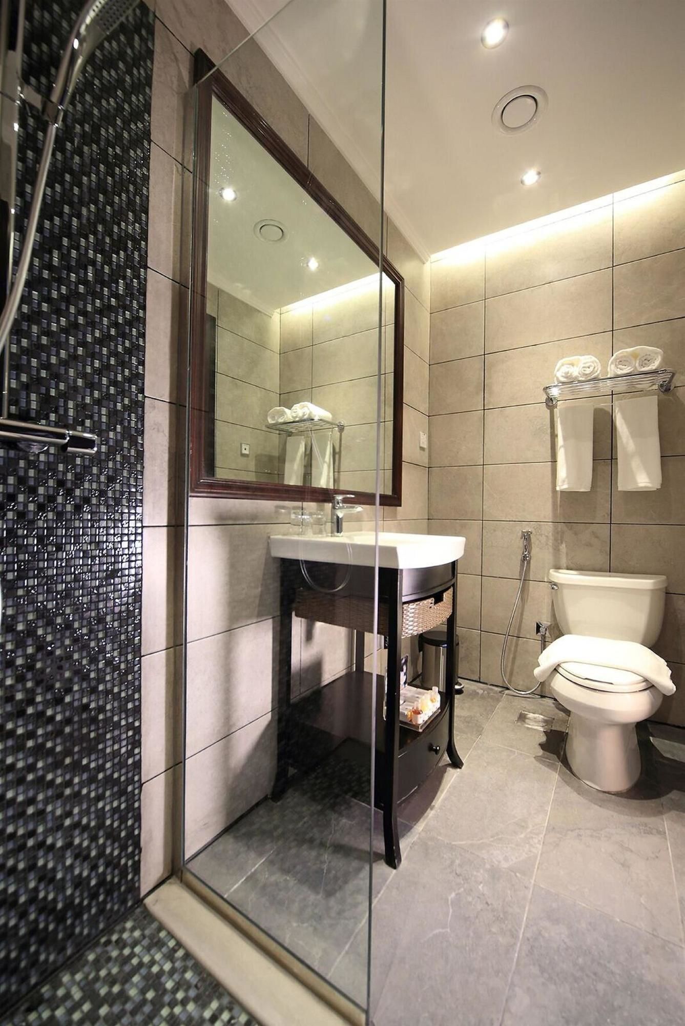 A modern bathroom with a glass shower enclosure, a vanity with a mirror, and a toilet.