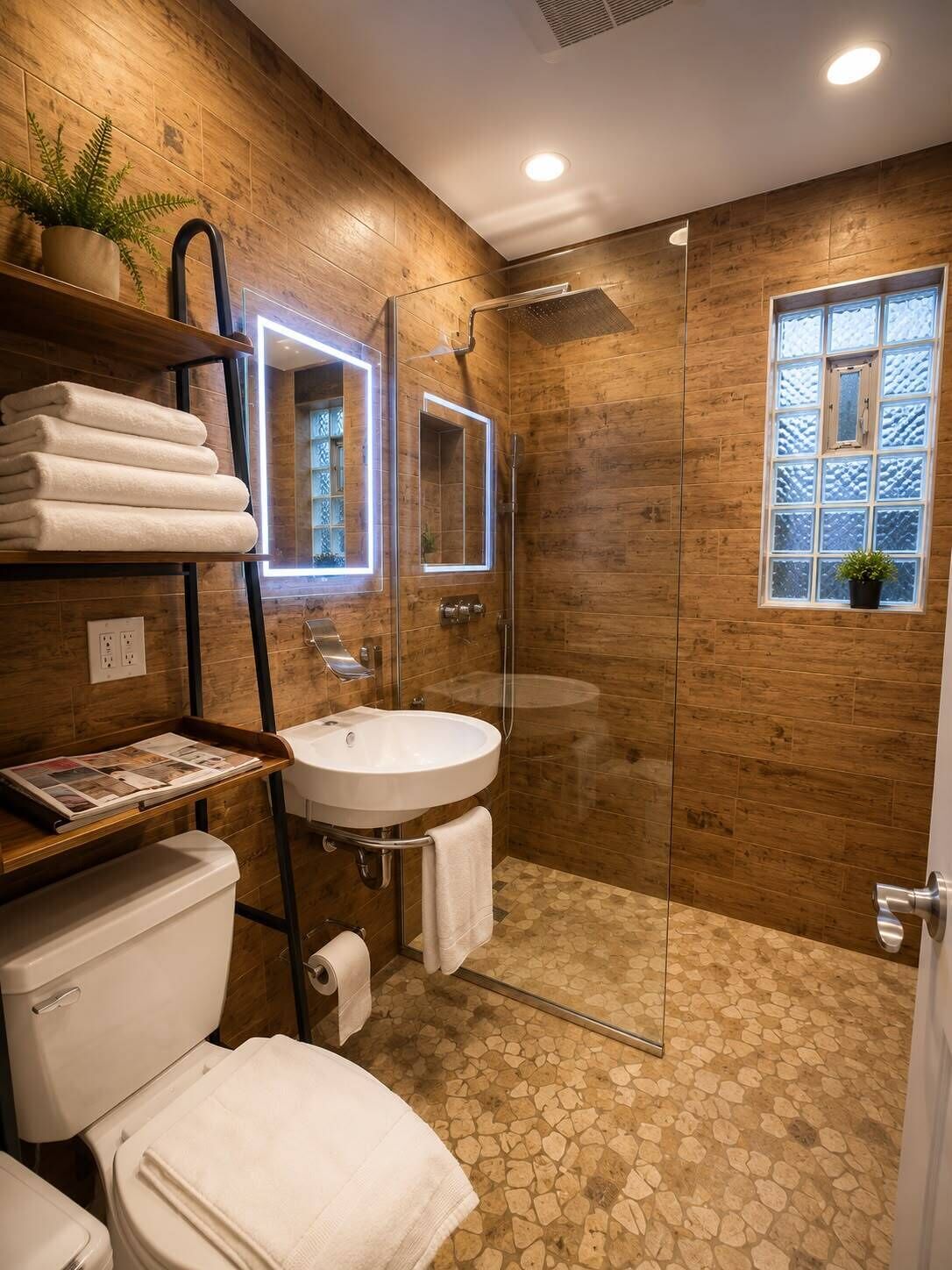 A bathroom with a wooden wall, a glass shower enclosure, a sink, and a window with a view.