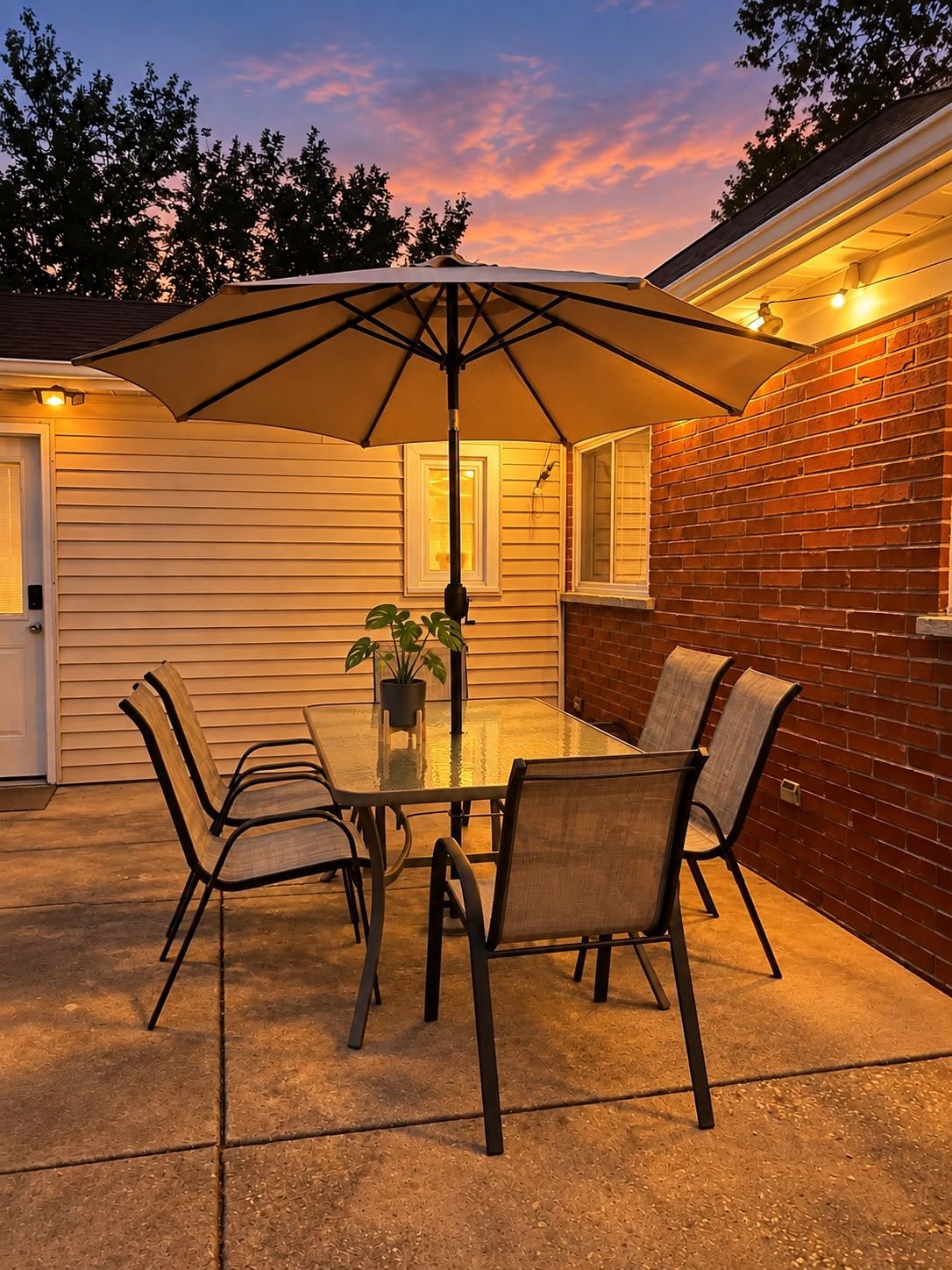 Une terrasse extérieure avec une table et des chaises en verre, un parasol et une plante en pot.