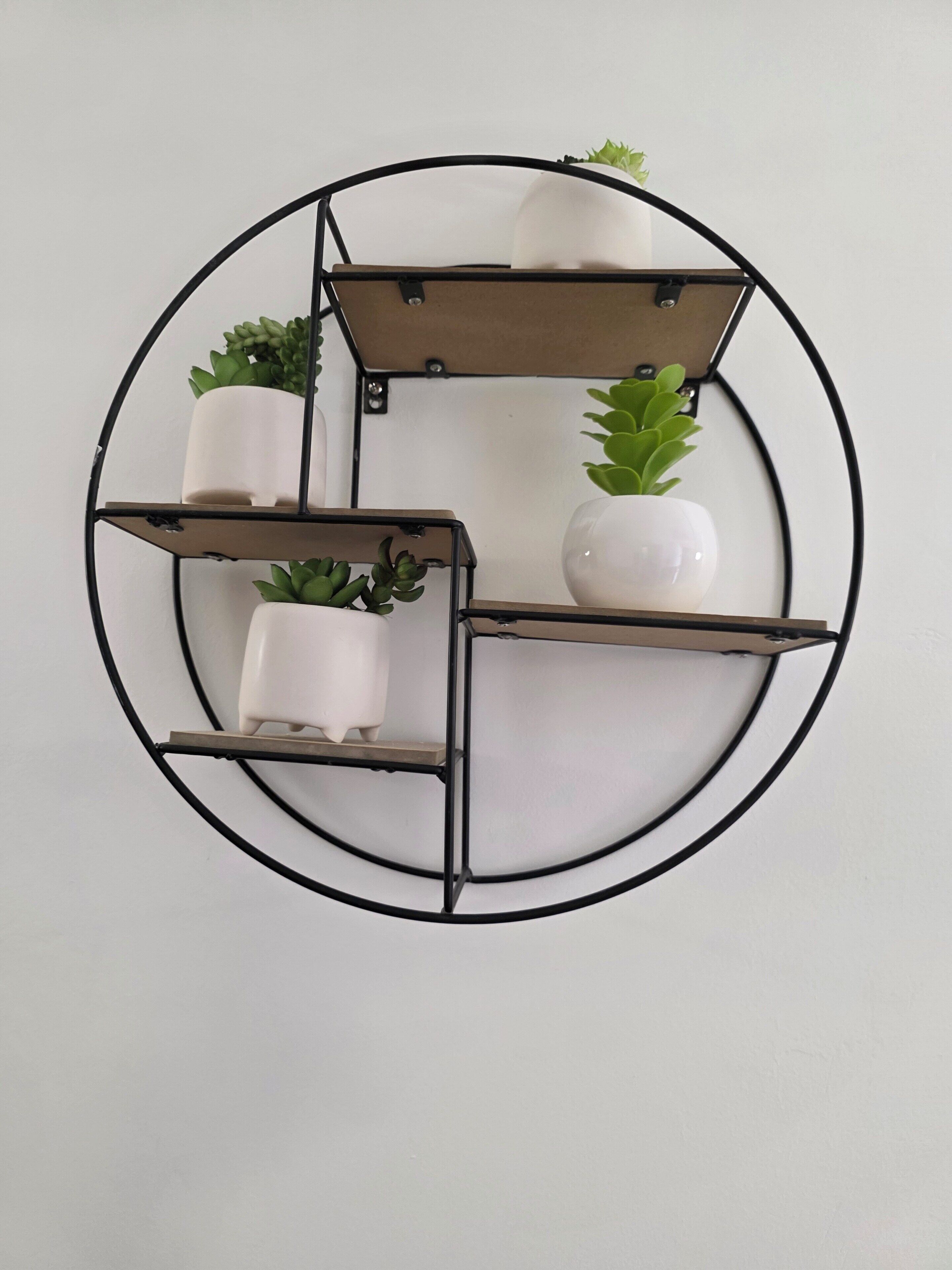 A circular wall-mounted shelf unit with multiple compartments, some containing potted plants.