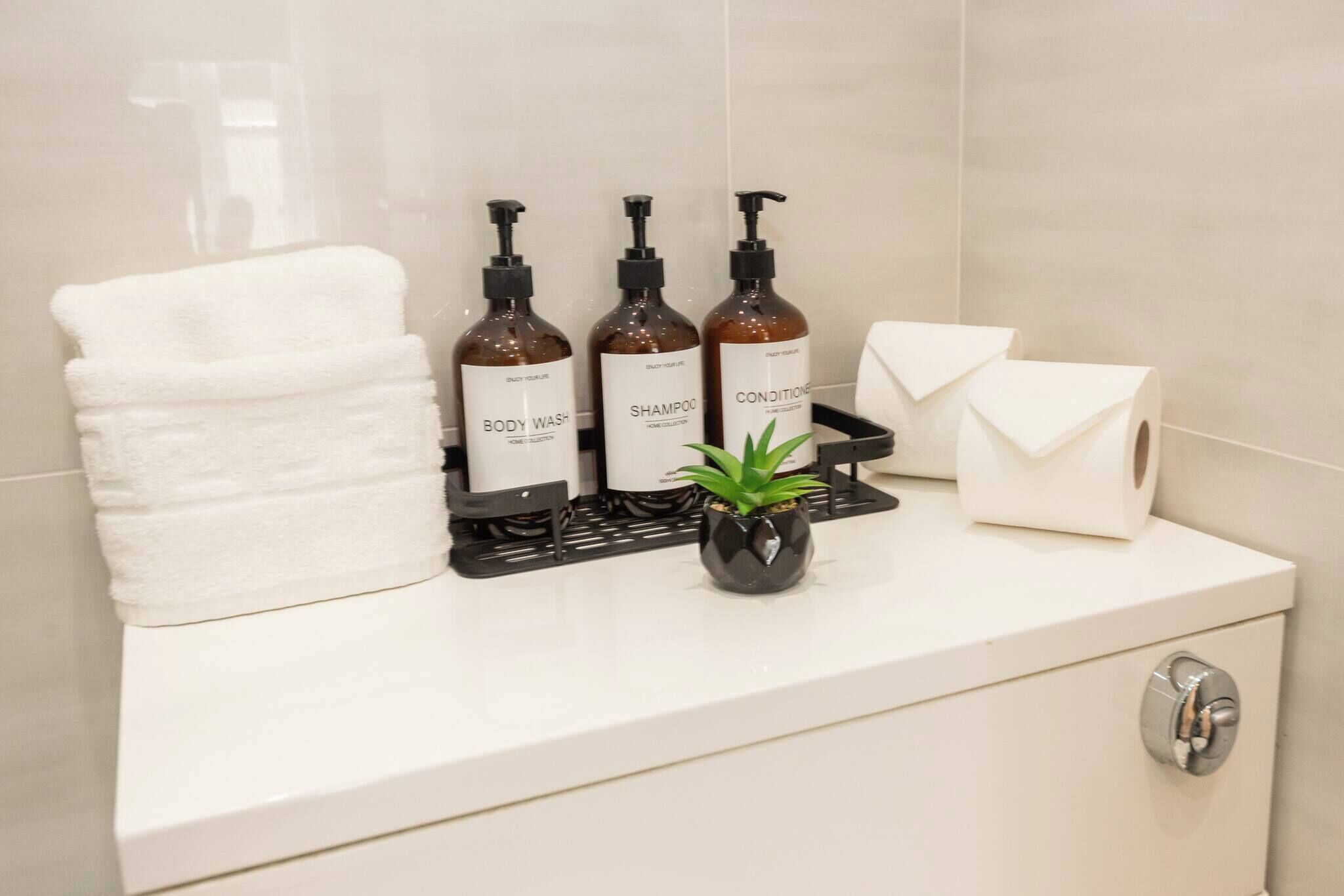 Un meuble-lavabo de salle de bain avec une serviette blanche, trois flacons de gel douche, de shampoing et d’après-shampoing, une petite plante en pot et un porte-rouleau de papier toilette.