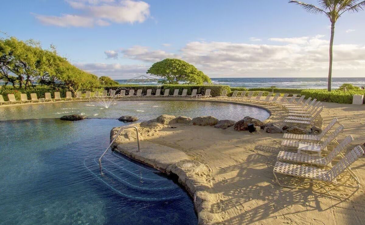 Une piscine à l’eau claire, entourée de chaises longues et d’un palmier, avec vue sur l’océan.