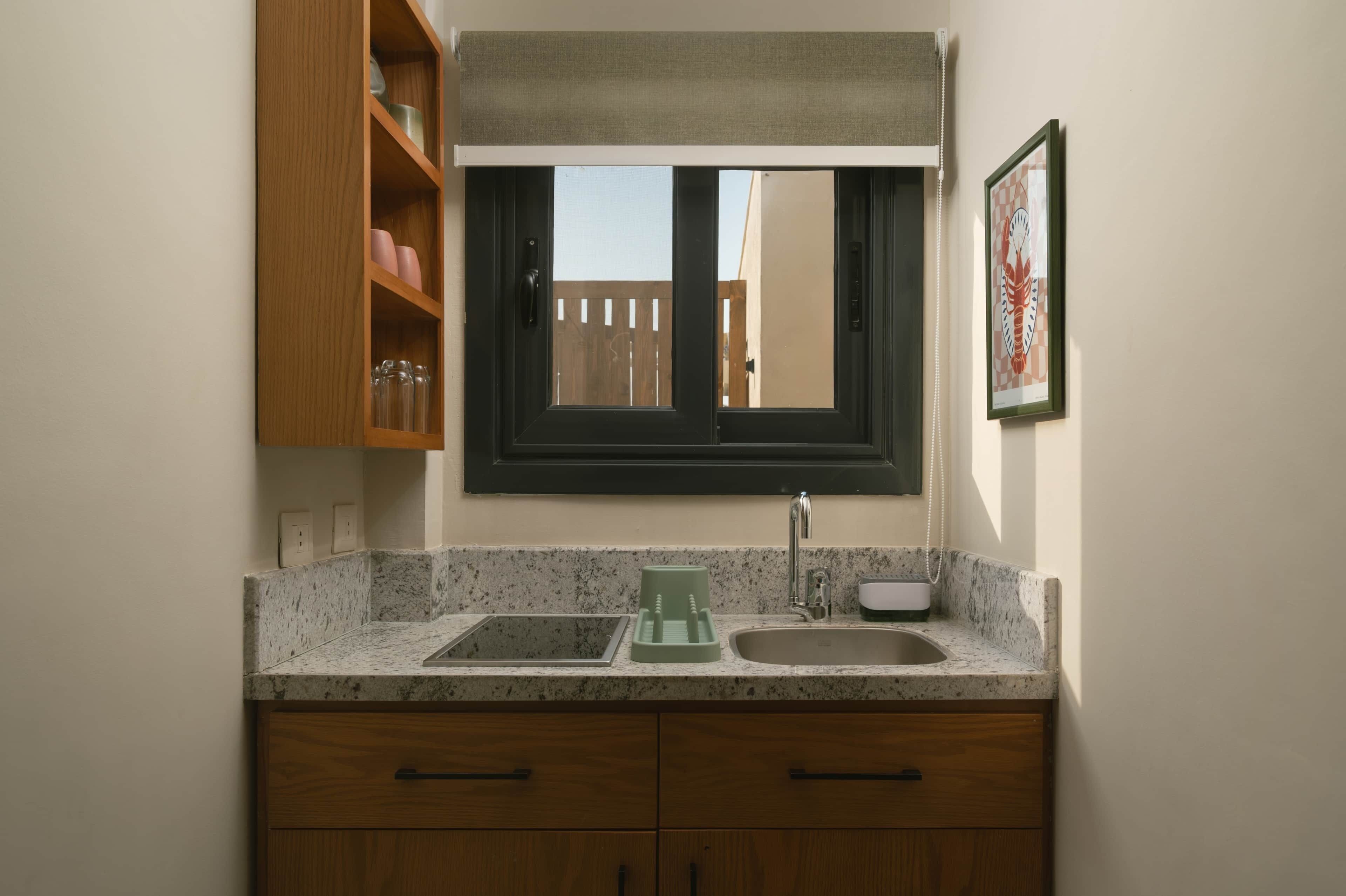 A kitchen with a double sink, wooden cabinets, a window with a view, and a framed picture on the wall.