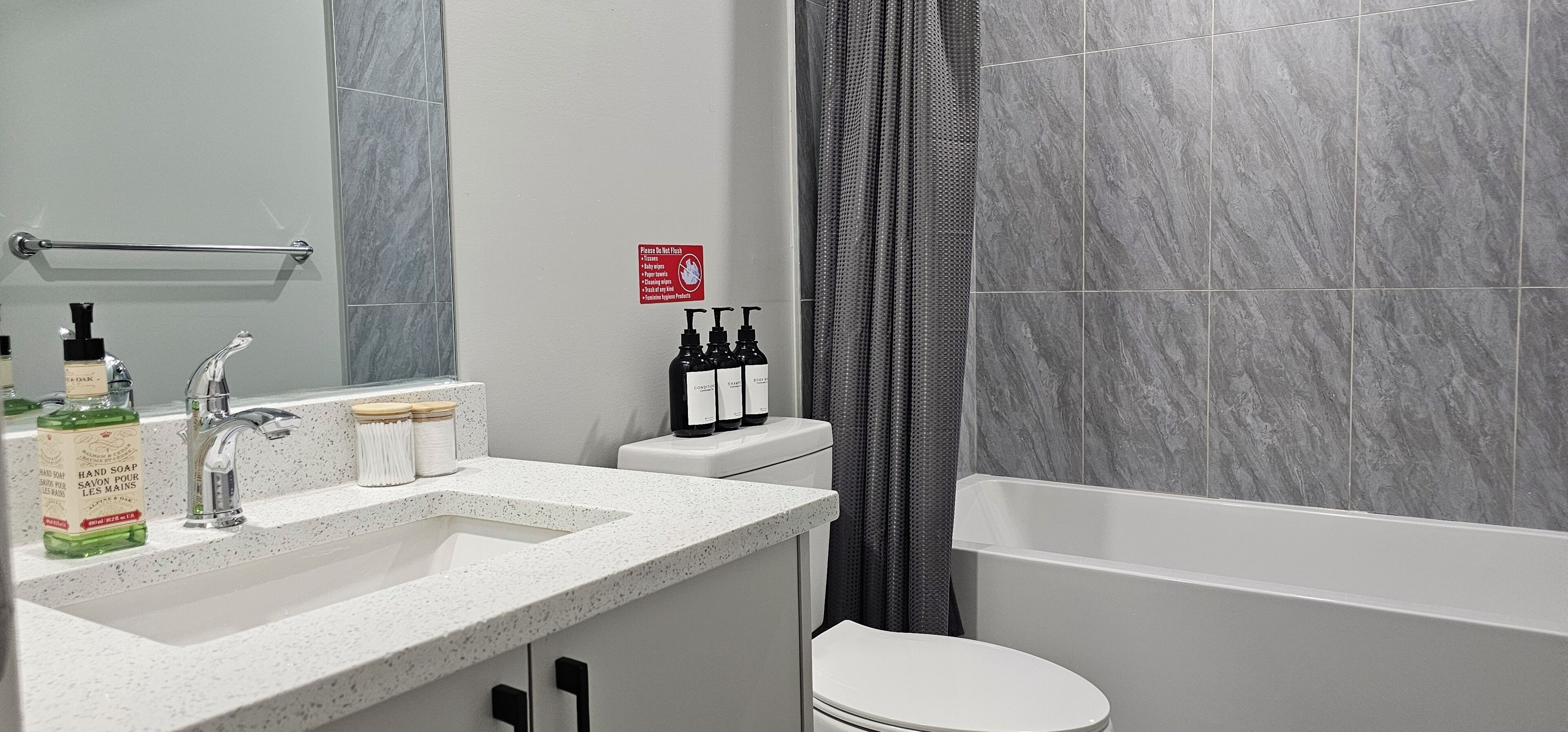 A bathroom with a white sink, mirror, and toilet. There are bottles of hand soap and shampoo on the counter. A sign on the wall indicates not to flush tissues.