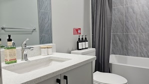 A bathroom with a white sink, mirror, and toilet. There are bottles of hand soap and shampoo on the counter. A sign on the wall indicates not to flush tissues.