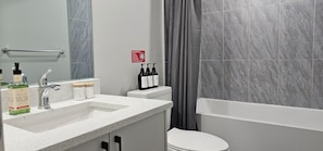 A bathroom with a white sink, mirror, and toilet. There are bottles of hand soap and shampoo on the counter. A sign on the wall indicates not to flush tissues.