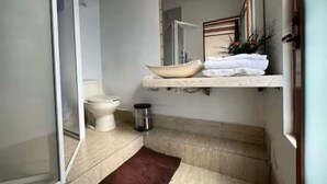 A bathroom with a toilet, a sink, and a mirror.